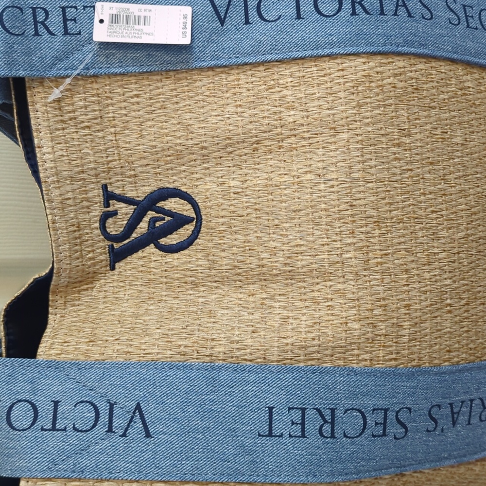 Victoria's Secret Demin And Woven Rattan Beach Tote Bag - Picture 2 of 8